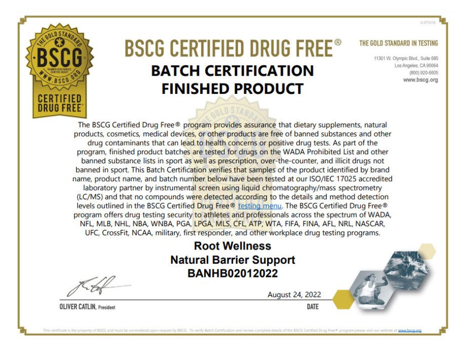 Root Natural Barrier Support Certification